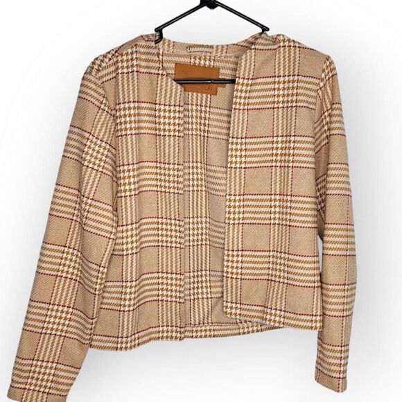 Roolee Women's Open Front Plaid Houndstooth Blazer Tan size Small - Picture 2 of 7